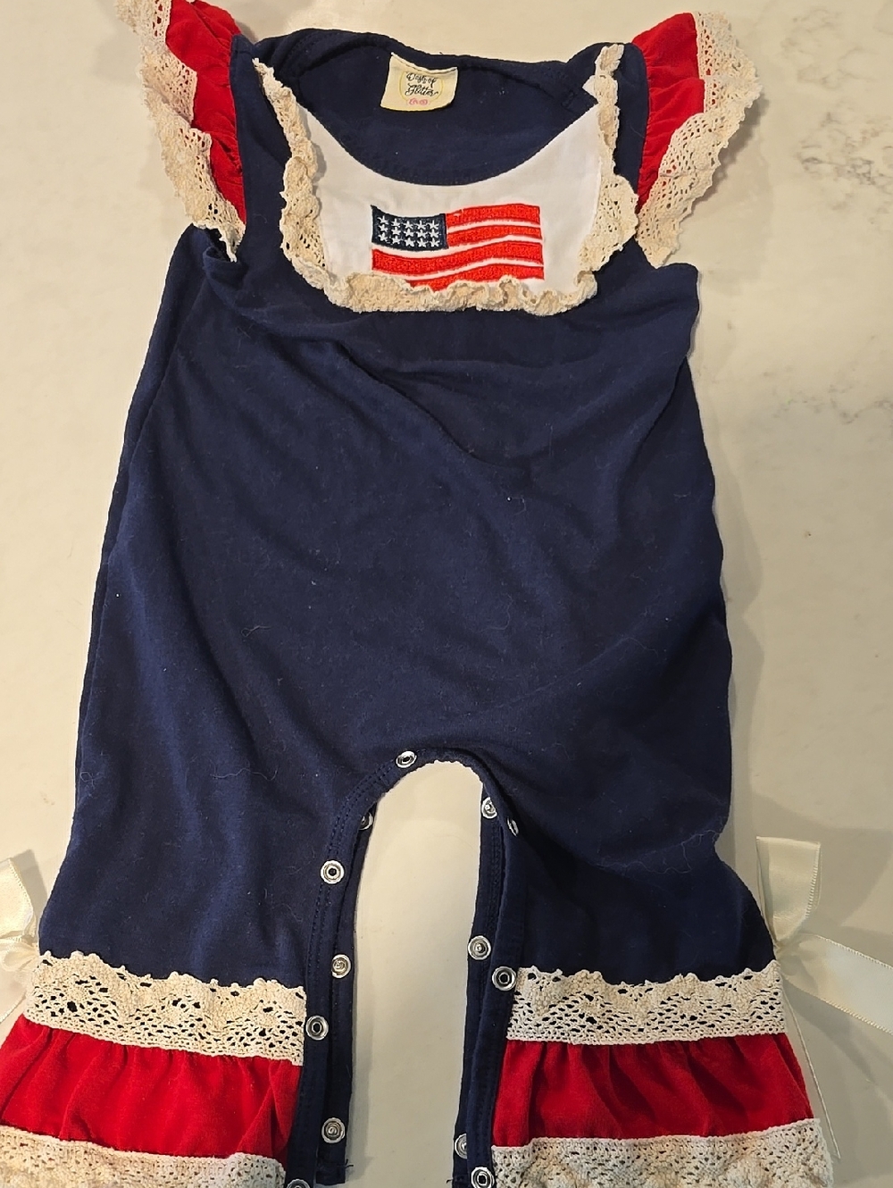 Navy and Red Lace-Trim Baby Romper with American Flag Patch